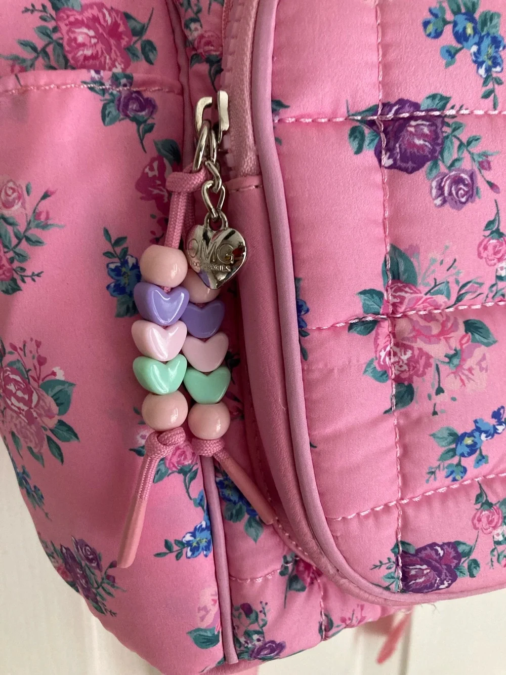 OMG Pink Floral Quilted Kids Backpack with Pom-Pom Charm